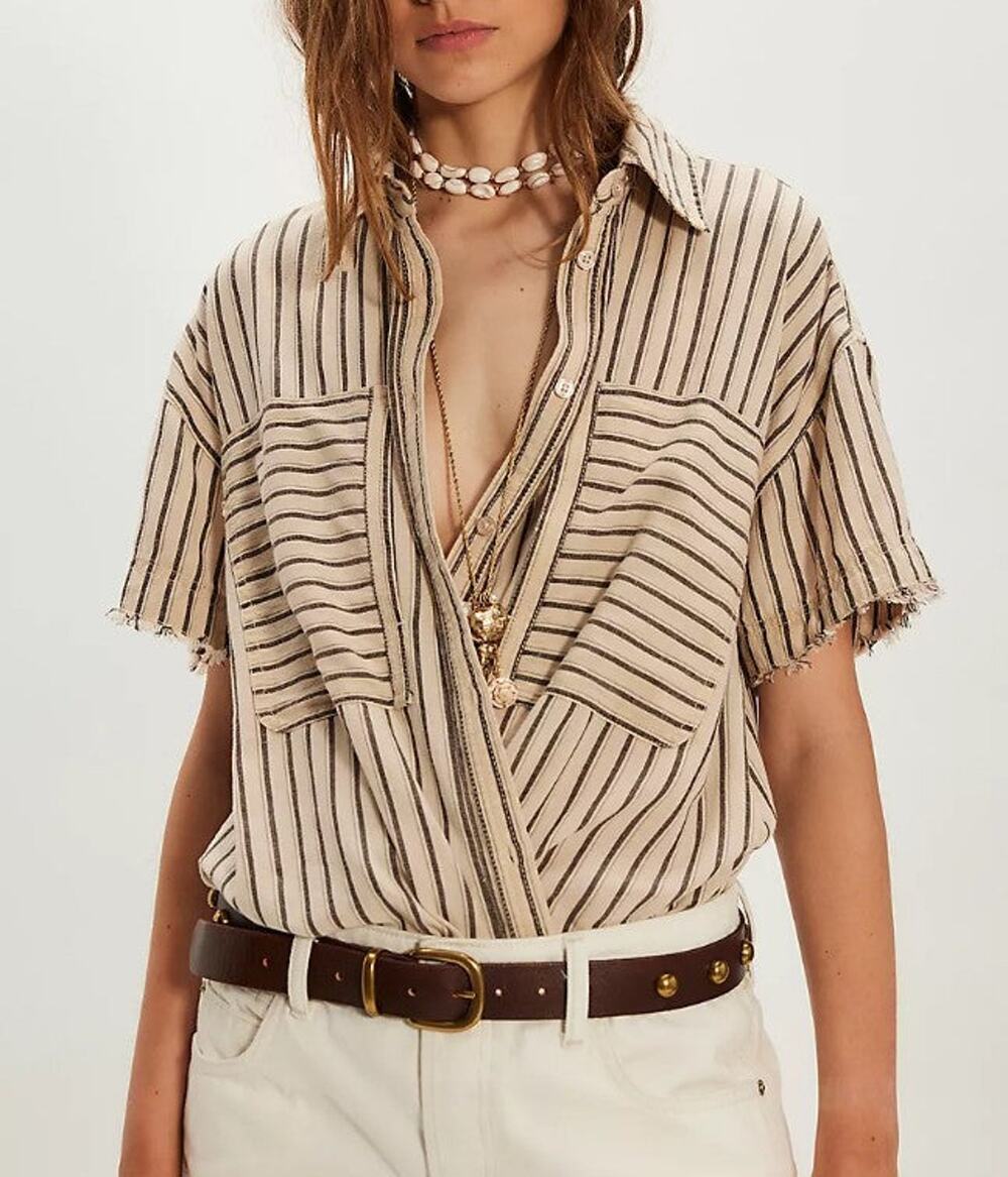 We The Free Christopher Shirt Womens M Cotton Linen Stripe Button Up